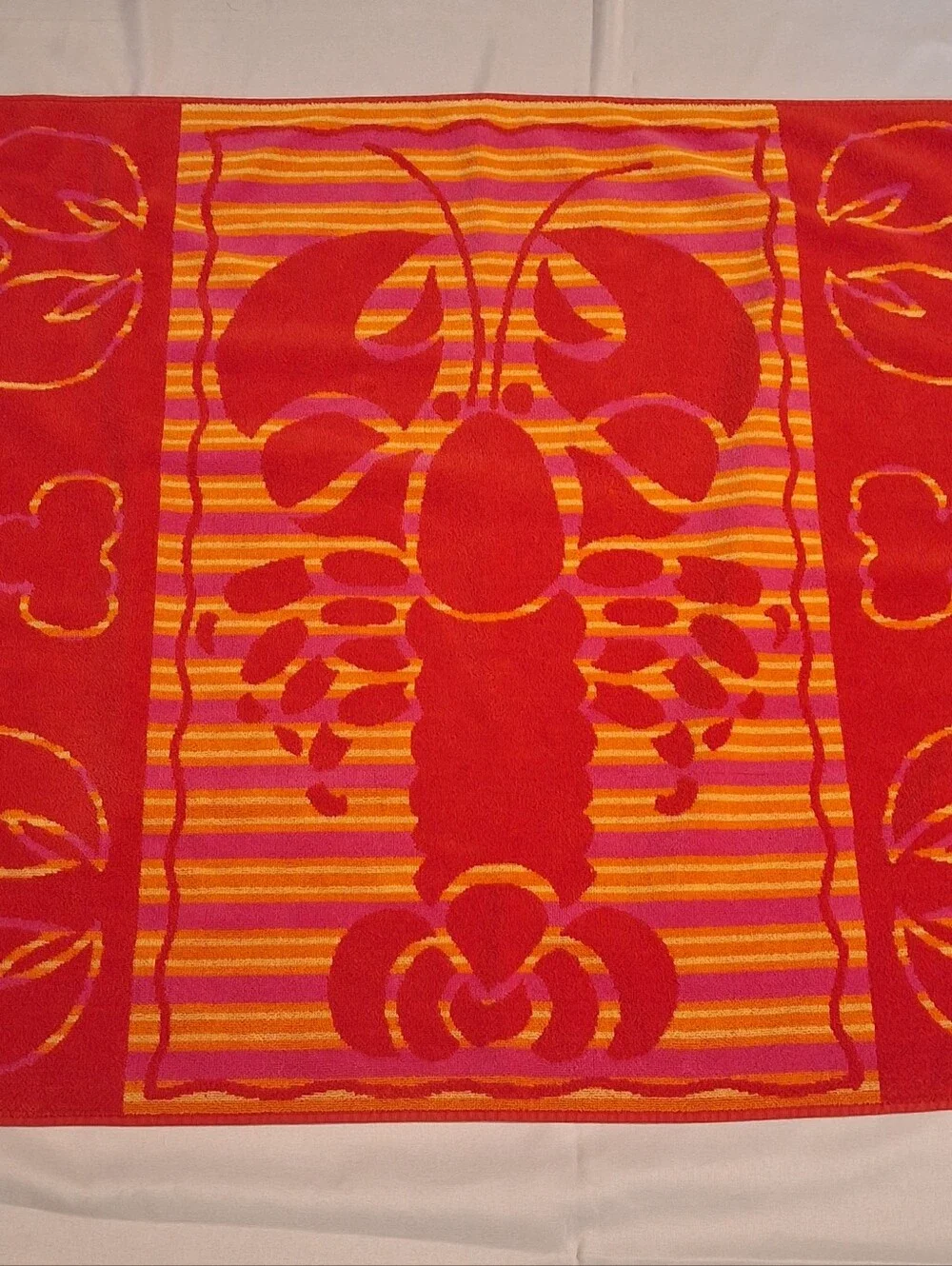 Vtg 90s Palm Cove Lobster Beach Towel Red Orange Pink Ocean 57x30 Inch Retro